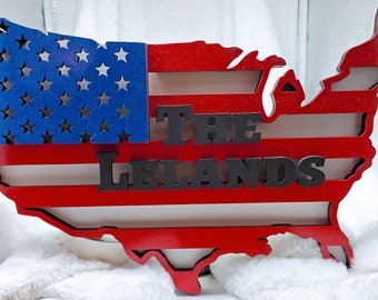 United States US flag family name sign - custom laser cut layered with or without name and illuminated field of stars
