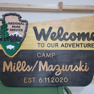 National Park Service Welcome Sign NPS inspired family name sign, custom layered laser cut laser engraved, outdoor, wilderness enthusiast image 9