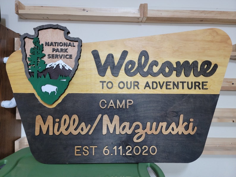 National Park Service Welcome Sign NPS inspired family name sign, custom layered laser cut laser engraved, outdoor, wilderness enthusiast image 9