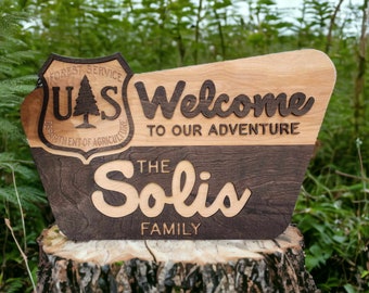 National Park sign & Forest Service Welcome Sign- family name sign, custom layered laser cut laser engraved, outdoor, wilderness enthusiast