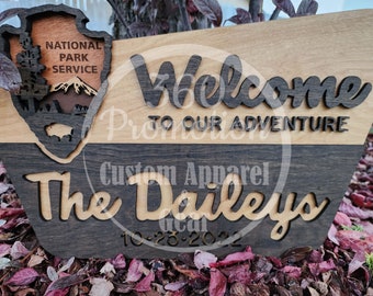 National Park Service Welcome Sign - NPS inspired family name sign, custom layered laser cut laser engraved, outdoor, wilderness enthusiast