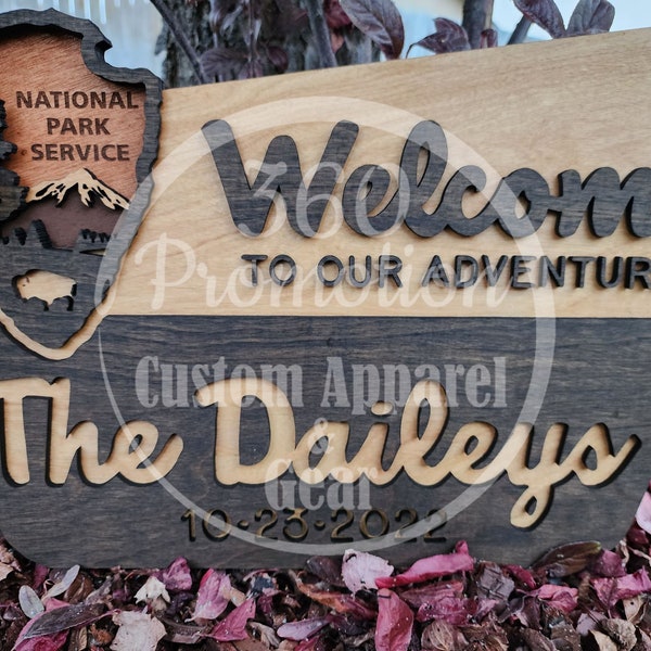 National Park Service Welcome Sign - NPS inspired family name sign, custom layered laser cut laser engraved, outdoor, wilderness enthusiast