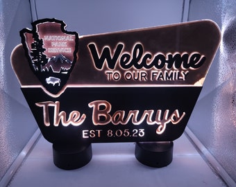 NPS LIGHTED Welcome Sign - NPS inspired family name sign, custom layered laser cut laser engraved, outdoor, wilderness enthusiast