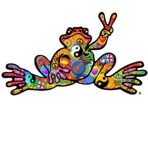 May include: A colorful cartoon frog with peace signs and other symbols all over its body. The frog is sitting with its legs spread out and its right hand raised in a peace sign.