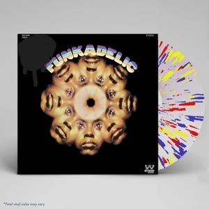 May include: A vinyl record with a black cover featuring the word "FUNKADELIC" in rainbow colors. The album art includes a circular arrangement of faces and a splatter-painted vinyl disc.