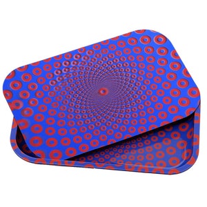 May include: A blue metal rolling tray with a red and blue donut pattern. The tray is open and the lid is sitting on top of the tray.