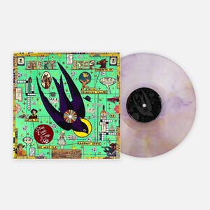 May include: A vinyl record with a green, yellow, and black cover featuring a stylized black bird with a yellow sun behind it. The cover is filled with various images and text, including "Steve Earle & The Dukes" and "Oneonta, NY". The record is on a pink and white swirl vinyl.