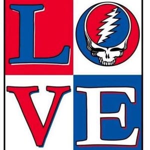 May include: Square graphic with the word "LOVE" in bold letters. The letters are in red, white, and blue, with the "O" replaced by a skull and lightning bolt design in a circle.