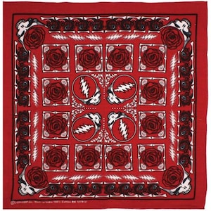 May include: Red bandana with a repeating pattern of roses, lightning bolts, and skulls. The design is in black and white, set against a solid red background. The bandana is made of 100% cotton.