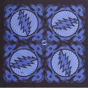 May include: A black bandana with a repeating pattern of blue lightning bolts in circles. The lightning bolts are stylized and have a swirling effect. The background is black with a subtle pattern.