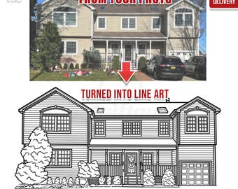 Individuell angefertigtes Haus Portrait vom Foto – minimalistisches Line Art Geschenk zur Einweihung oder Abschlussfeier eines Maklers