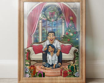 Personalized Cartoon Couple Sitting on Couch – Xmas Gift, Custom Anniversary Illustration
