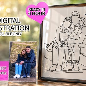 May include: A digital illustration service featuring a custom line art drawing of a couple sitting together, displayed in a dark wooden frame. The image includes text stating DIGITAL ILLUSTRATION, DIGITAL FILE ONLY, READY IN 6 HOUR, and U WILL GET JPG, PNG, SVG FILE.
