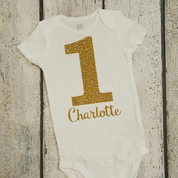 Personalized Gold First Birthday Baby Girl shirt onesi-e bodysuit - Personalized Gold 1st birthday outfit - baby girl first birthday outfit