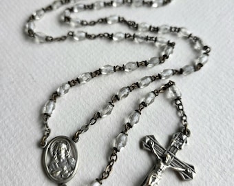 Antique French Sacred Heart & Our Lady of Mount Carmel Rosary Faceted Glass Beads France Crucifix