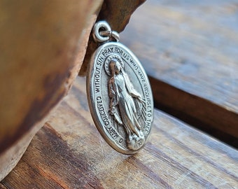 Vintage Miraculous Medal STERLING Silver Necklace Pendant Holy Blessed Mother Mary Catholic Medallion Medium Sized Marian Pretty