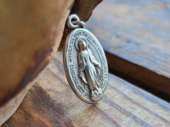 Vintage Miraculous Medal STERLING Silver Necklace Pendant Holy