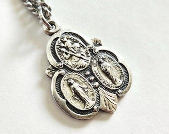 Vintage Jerome Fleischer Sterling Catholic Medal 1950s Trefoil Pendant St. Christopher, Sacred Heart, Miraculous Medal JF STERLING Religious