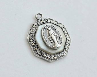 Vintage THEDA Sterling Silver Miraculous Medal Octagonal Marcasite & Faux Mother of Pearl Catholic Pendant Mid Century Religious Jewelry