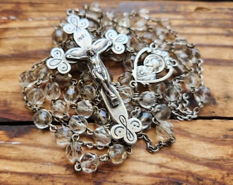 HMH 30" Vintage Sterling Silver Clear Glass Crystal Rosary Beads 5 Decade Catholic Sacred Heart Jesus Scapular Nancy Corcoran Engraved