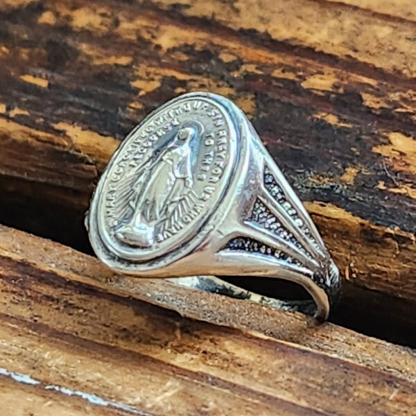 Vintage Sz 6 STERLING Silver Miraculous Medal Ring Holy Blessed Mother Catholic Medallion Marian Christian