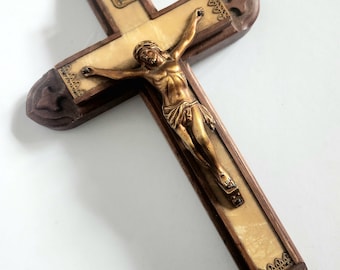 Vintage Mid-Century Last Rites Crucifix (Sick Call Cross) Wood, Ivorine & Gilt Corpus of Christ c.1940–1955