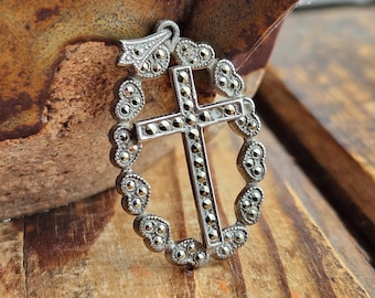 Vintage Sterling Silver Marcasite Cross Pendant with Hearts Necklace