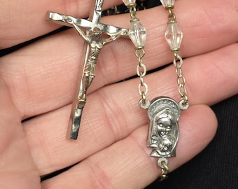 Vintage Mid Century Aurora Borealis Crystal Rosary Accented Crucifix Sacred Heart Devotional Catholic Rosary c. 1955-1970