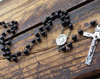 Vintage Sterling Silver Black Glass Rosary Diamond Cut Crucifix and Center Mary & Christ the King Medal Catholic 1950's Prayer Devotional