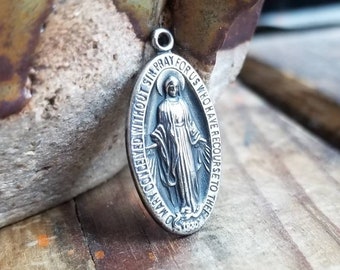 Vintage Miraculous Medal STERLING Silver Necklace Charm Pendant Holy Blessed Mother Catholic Medallion Virgin Mary Religious Marian