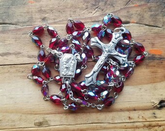 Vintage Catholic Rosary: Red AB Faceted Glass Beads, Eau De Lourdes Relic