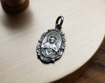 Vintage Sterling Silver Sacred Heart Scapular Medal, Our Lady of Mt Carmel