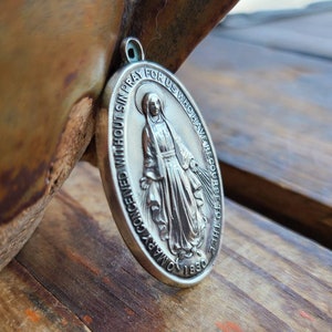 Vintage Miraculous Medal Creed STERLING Silver Necklace Pendant Holy Blessed Mother Catholic Medallion Large Marian 9g