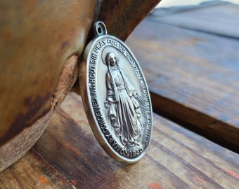 Vintage Miraculous Medal Creed STERLING Silver Necklace Pendant Holy Blessed Mother Catholic Medallion Large Marian 9g