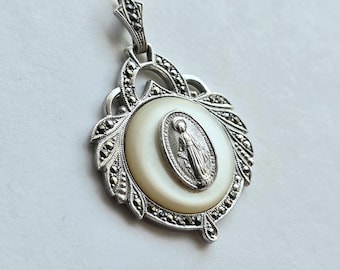 Vintage Sterling Silver Miraculous Medal Pendant with Faux Mother of Pearl & Marcasites Marked B-I Sterling Catholic Devotional Jewelry