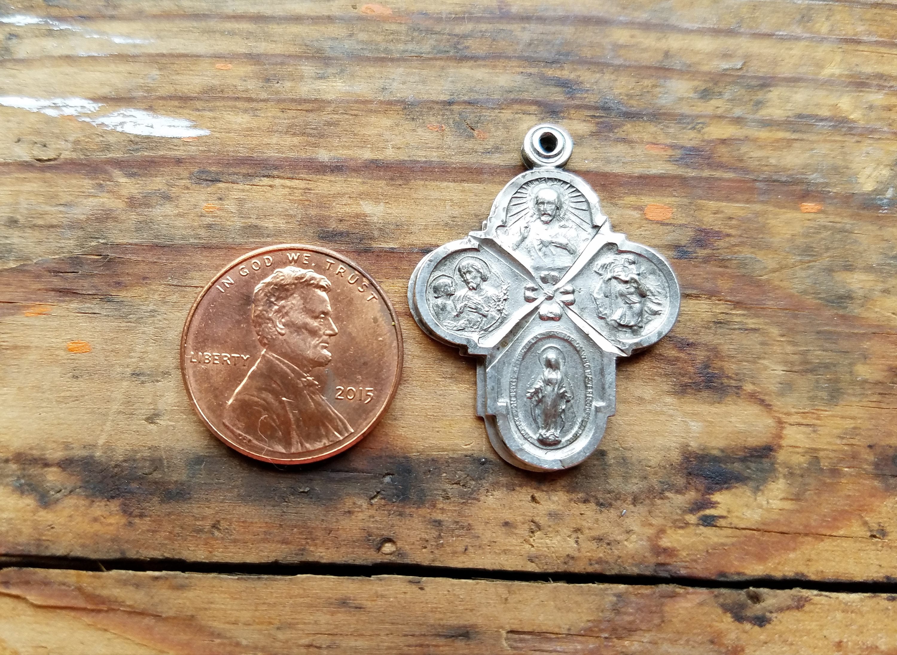 Vintage Sterling Silver 4 Way Cross Pendant, Miraculous Medal Necklace ...