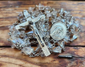 Vintage Sterling Silver Faceted Cone Shaped Clear Glass Rosary Necklace Cross Crucifix 5 Decade Catholic Prayer Capped Round Beads