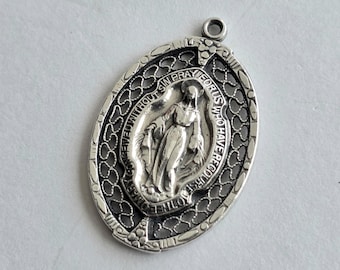 Vintage Sterling Silver Pierced Filigree Miraculous Medal Rare Openwork Lattice Design Catholic Marian Pendant