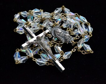 Vintage Rosary Clear Faceted AB Glass Capped Beads Necklace Cross Crucifix 5 Decade Rosary