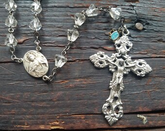Vintage Sterling Silver Rosary with Faceted Crystal Beads