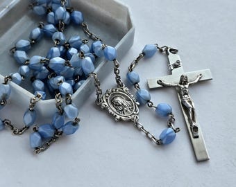 Vintage Italian Blue Glass Rosary with Original Celluloid Rosary Box Mid Century Catholic Devotional Faceted Marbled Beads