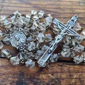 Vintage Sterling Silver Faceted Clear Glass Rosary Beads Crucifix 5 Decade Rosary Catholic Prayer Sacred Heart Our Lady Mt Carmel