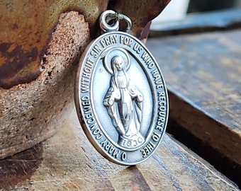 Vintage Miraculous Medal Solid STERLING Silver Necklace Pendant Holy Blessed Mother Catholic Medallion Marian