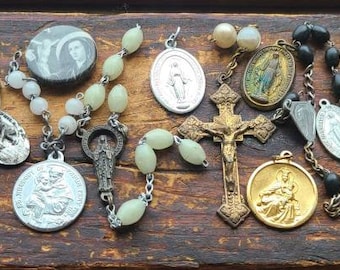 Vintage Collection of Pendant Medals Saints Rosary Parts Crucifixes Miraculous Medal St Jude Rita Francis and Others Saints Lot