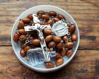 Vintage Rosary Beads Chapel Sterling Silver and Wood Bead Cross Crucifix 5 Decade Miraculous Medal Blessed Mother Marian in Case with Tag