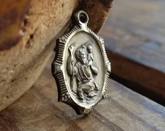 Vintage Small Creed STERLING Silver St. Christopher Necklace Pendant Catholic Medallion Protection Medal Rosary Charm Petite Tiny