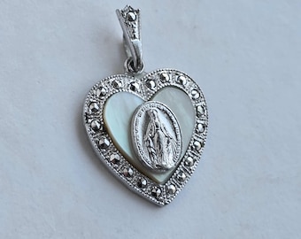 Vintage Sterling Theda Miraculous Medal Heart Pendant Faux Mother of Pearl & Marcasite Catholic Devotional Charm Pendant