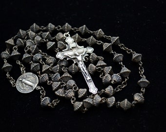 Vintage Sterling Silver Rosary Beads Necklace, Miraculous Medal Cross