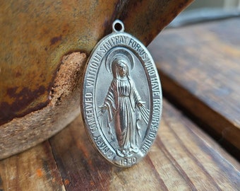 Vintage Miraculous Medal Solid STERLING Silver Necklace Pendant Holy Blessed Mother Catholic Medallion Large Marian
