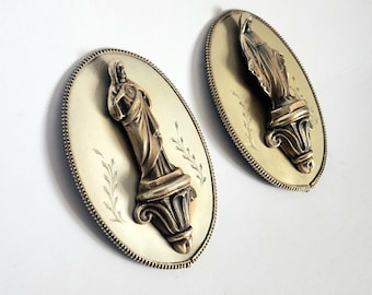 Vintage Pair of Mid Century Wall Plaques Sacred Heart of Mary & Sacred Heart of Jesus Ivorine and Cast Metal c. 1950s